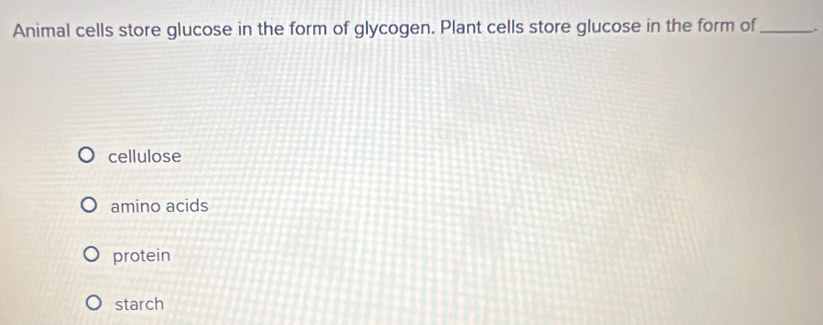 Animal cells store glucose in the form of glycogen. Plant cells store glucose in the form of_ .
cellulose
amino acids
protein
starch