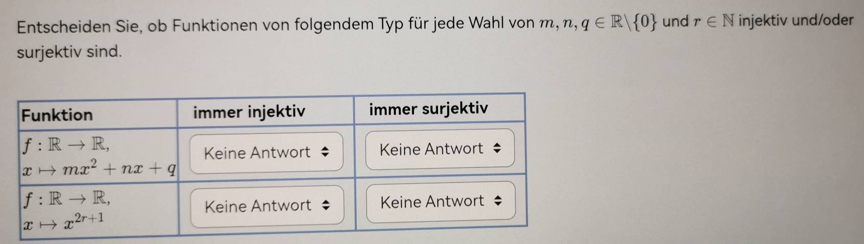 Entscheiden Sie, ob Funktionen von folgendem Typ für jede Wahl von 1 m,n,q∈ R| 0 und r∈ N injektiv und/oder
surjektiv sind.