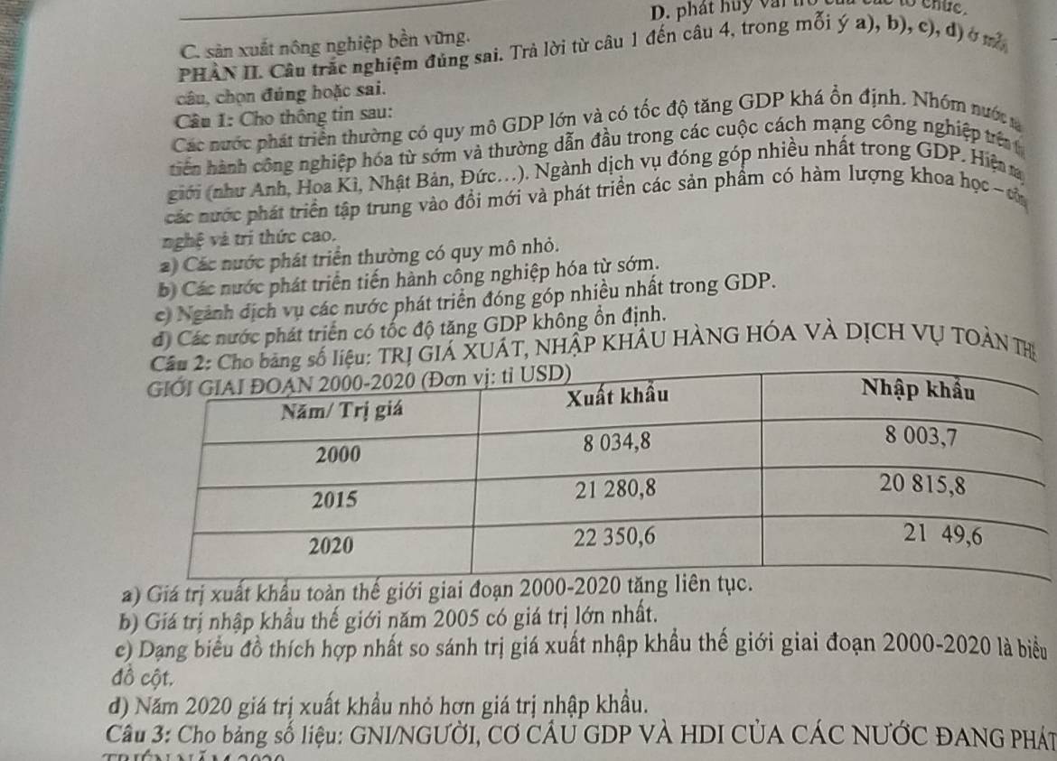 phát huy vậi t
C. sản xuất nông nghiệp bền vững.
PHÀN II. Câu trắc nghiệm đủng sai. Trả lời từ câu 1 đến câu 4, trong mỗi ý a), b), c), d) ở m
câu, chọn đúng hoặc sai.
Câu 1: Cho thông tin sau:
Các nước phát triển thường có quy mộ GDP lớn và có tốc độ tăng GDP khá ổn định. Nhóm nước 
tiên hành công nghiệp hóa từ sớm và thường dẫn đầu trong các cuộc cách mạng công nghiệp trê 
giới (như Anh, Hoa Kì, Nhật Bản, Đức.). Ngành dịch vụ đóng góp nhiều nhất trong GDP. Hiện r
các nước phát triển tập trung vào đổi mới và phát triển các sản phẩm có hàm lượng khoa học - củ
vghệ và trí thức cao.
2) Các nước phát triển thường có quy mô nhỏ.
b Các nước phát triển tiến hành công nghiệp hóa từ sớm.
c) Ngành địch vụ các nước phát triển đóng góp nhiều nhất trong GDP.
đ) Các nước phát triển có tốc độ tăng GDP không ổn định.
: TRị GIÁ XUÁT, NHẠP KHÂU HÀNG HÓA VÀ DỊCH VỤ TOẢN TH
a) Giá trị xuất khẩu toàn thế giới gi
b) Giá trị nhập khẩu thế giới năm 2005 có giá trị lớn nhất.
c) Dạng biểu đồ thích hợp nhất so sánh trị giá xuất nhập khẩu thế giới giai đoạn 2000-2020 là biểu
đồ cột.
d) Năm 2020 giá trị xuất khẩu nhỏ hơn giá trị nhập khẩu.
Cầu 3: Cho bảng số liệu: GNI/NGƯỜI, CƠ CÂU GDP VÀ HDI CỦA CÁC NƯỚC ĐANG PHÁT