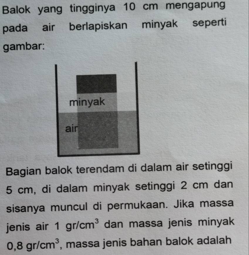 Balok yang tingginya 10 cm mengapung 
pada air berlapiskan minyak seperti 
gambar: 
Bagian balok terendam di dalam air setinggi
5 cm, di dalam minyak setinggi 2 cm dan 
sisanya muncul di permukaan. Jika massa 
jenis air 1gr/cm^3 dan massa jenis minyak
0,8gr/cm^3 , massa jenis bahan balok adalah