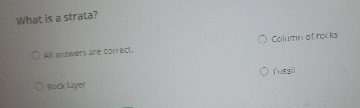 What is a strata?
All answers are correct. Column of rocks
Fossil
Rock layer