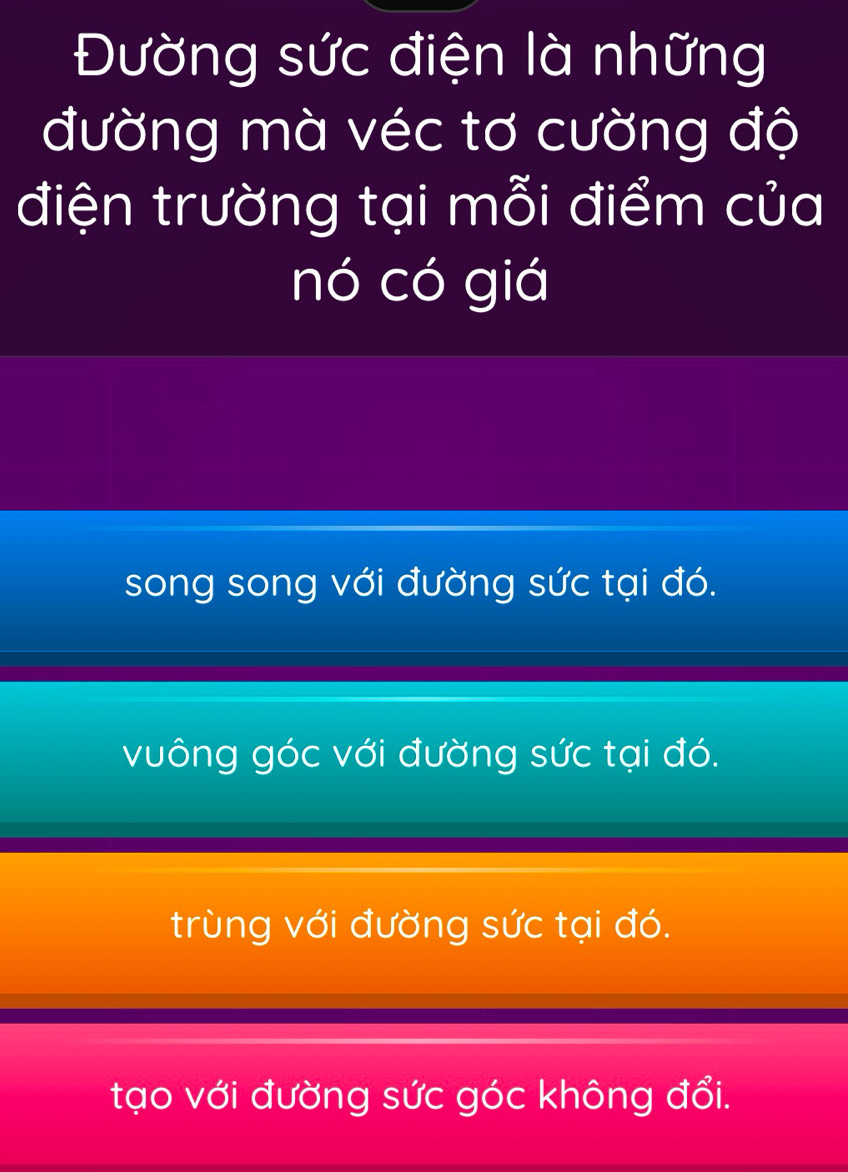 Đường sức điện là những
đường mà véc tơ cường độ
điện trường tại mỗi điểm của
nó có giá
song song với đường sức tại đó.
vuông góc với đường sức tại đó.
trùng với đường sức tại đó.
tạo với đường sức góc không đổi.