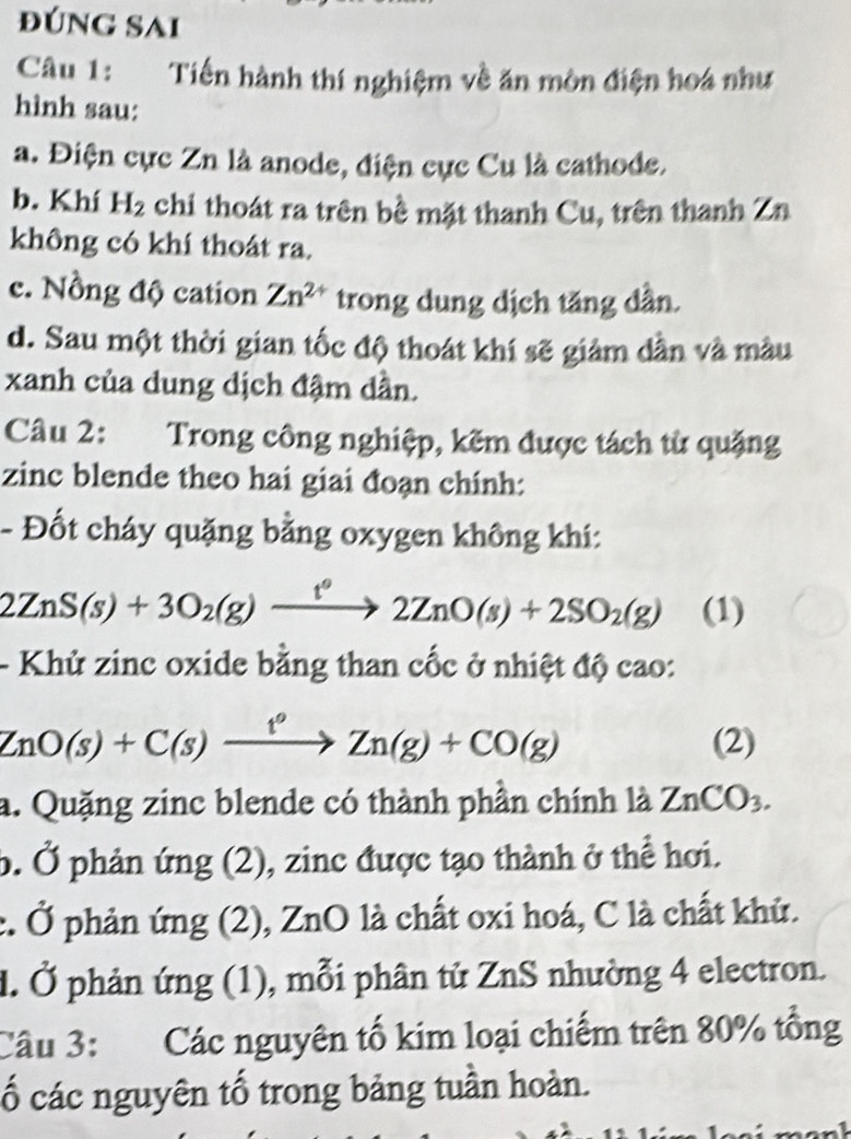 đÚNG SAi
Câu 1: Tiến hành thí nghiệm về ăn mòn điện hoa như
hình sau:
a. Điện cực Zn là anode, điện cực Cu là cathode.
b. Khí H_2 chi thoát ra trên bề mặt thanh Cu, trên thanh Zn
không có khí thoát ra.
c. Nồng độ cation Zn^(2+) trong dung dịch tăng dần.
d. Sau một thời gian tốc độ thoát khí sẽ giảm dần và màu
xanh của dung dịch đậm dần.
Câu 2: Trong công nghiệp, kẽm được tách từ quặng
zinc blende theo hai giai đoạn chính:
- Đốt cháy quặng bằng oxygen không khí:
2ZnS(s)+3O_2(g)xrightarrow f°2ZnO(s)+2SO_2(g) (1)
- Khủ zinc oxide bằng than cốc ở nhiệt độ cao:
ZnO(s)+C(s)xrightarrow ?^rho Zn(g)+CO(g) (2)
a. Quặng zinc blende có thành phần chính là ZnCO_3. 
b. Ở phản ứng (2), zinc được tạo thành ở thể hơi.
c. Ở phản ứng (2), ZnO là chất oxi hoá, C là chất khứ.
1. Ở phản ứng (1), mỗi phân tử ZnS nhường 4 electron.
Câu 3: Các nguyên tố kim loại chiếm trên 80% tổng
ố các nguyên tố trong bảng tuần hoàn.