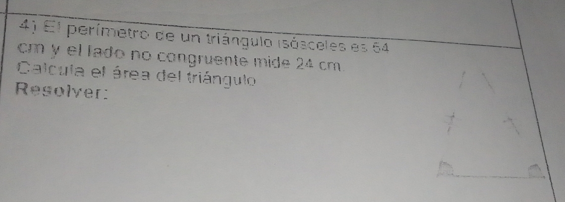 El perímetro de un triángulo isósceles es 64
cm y el lado no congruente mide 24 cm. 
Calcula el área del triángulo 
Resolyer: