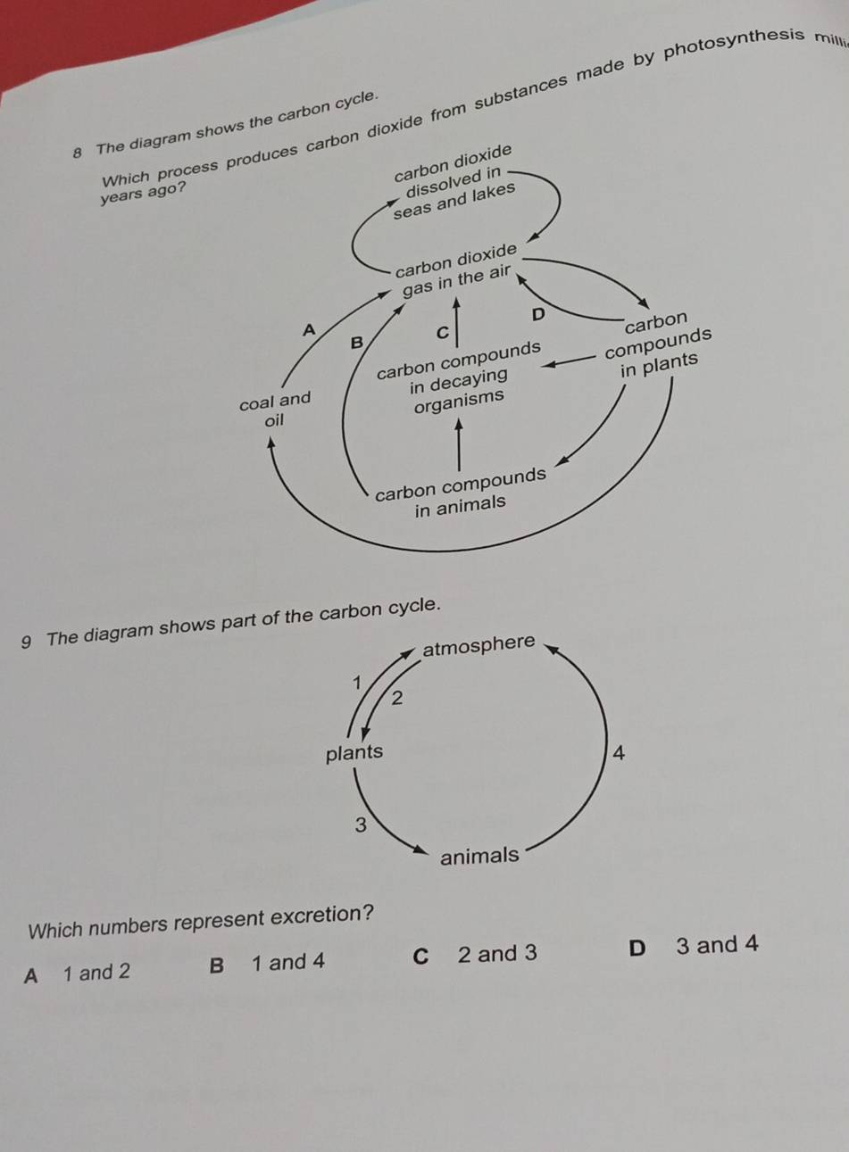 Which proceoxide from substances made by photosynthesis mit
8 The diagram sws the carbon cycle.
years ago?
9 The diagram shows part of the carbon cycle.
Which numbers represent excretion?
A 1 and 2 B 1 and 4 C 2 and 3 D 3 and 4