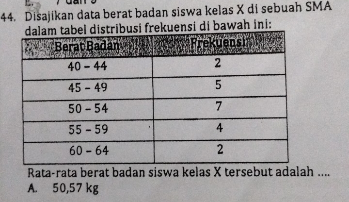 Disajikan data berat badan siswa kelas X di sebuah SMA
si frekuensi di bawah ini:
Rata-rata berat badan siswa kelas X tersebut adalah ....
A. 50,57 kg