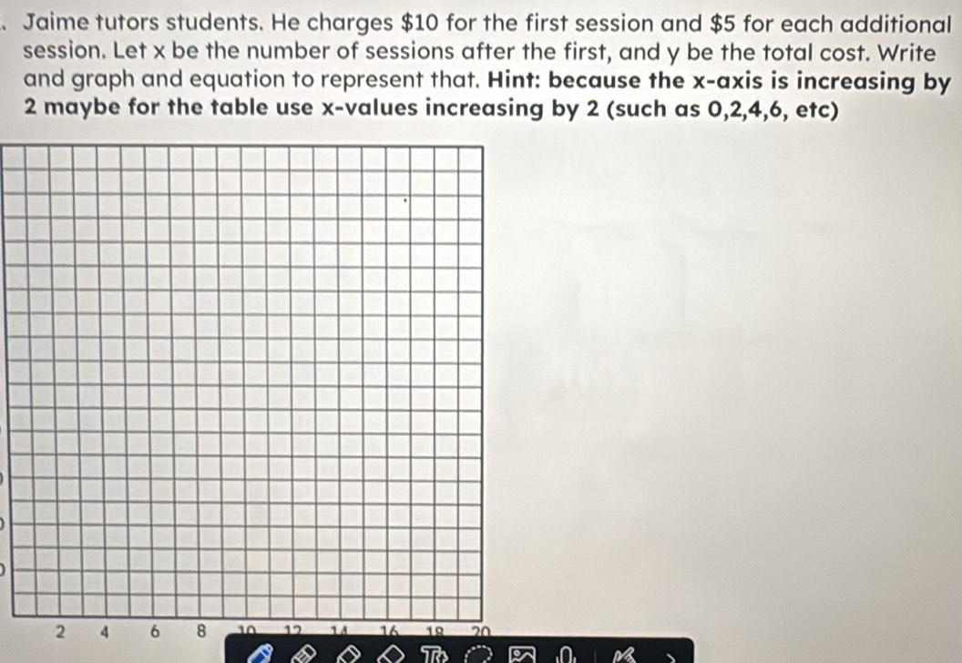 Jaime tutors students. He charges $10 for the first session and $5 for each additional 
session. Let x be the number of sessions after the first, and y be the total cost. Write 
and graph and equation to represent that. Hint: because the x-axis is increasing by 
2 maybe for the table use x -values increasing by 2 (such as 0, 2, 4, 6, etc)