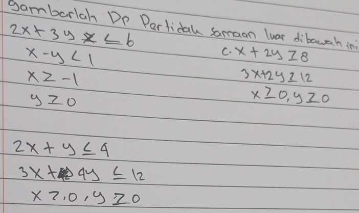 gambarlah DP Pertidal samaon luar dibauah in
2x+3yx≤ 6
x-y<1</tex> 
C. x+2y≥ 8
x≥ -1
3x+2y≥ 12
y≥slant 0
x≥slant 0, y≥slant 0
2x+y≤ 4
3x+4y≤ 12
x_7,0,y≥ 0