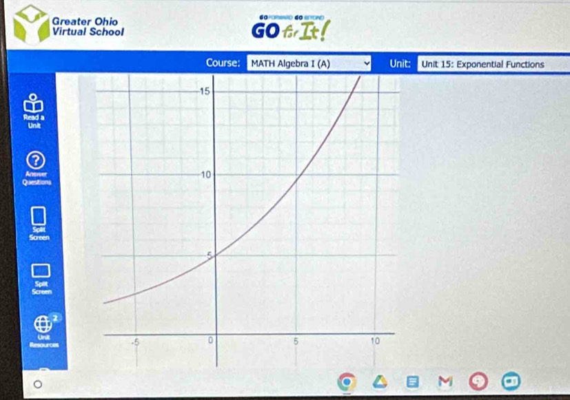 Greater Ohio Goforsnio 4o Erond 
Virtual School GOtI 
Course: MATH Algebra I (A) Unit: Unit 15: Exponential Functions 
Read a 
Unit 
2 
Answer 
Questions 
Split 
Screen 
Split 
Screen 
Resource