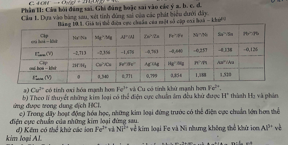 4OH^-to O_2(g)+2H_2O(g)+4e.
Phần II: Câu hỏi đúng sai. Ghi đúng hoặc sai vào các ý a. b. c. d.
Câu 1. Dựa vào bảng sau, xét tính dúng sai của các phát biều dưới đây.
thế điện cực chuẩn của một số cặp oxi hoá - khứ'
a) Cu^(2+) có tính oxi hóa mạnh hơn Fe^(3+) và Cu có tính khử mạnh hơn Fe^(2+).
b) Theo lí thuyết những kim loại có thế điện cực chuẩn âm dều khử được H^+ thành H_2 và phản
ứng được trong dung dịch HCl.
c) Trong dãy hoạt động hóa học, những kim loại đứng trước có thế điện cực chuẩn lớn hơn thế
điện cực chuần của những kim loại đứng sau.
d) Kẽm có thể khử các ion Fe^(2+) và Ni^(2+) về kim loại Fe và Ni nhưng không thể khử ion Al^(3+) vè
kim loại Al.
□ 0