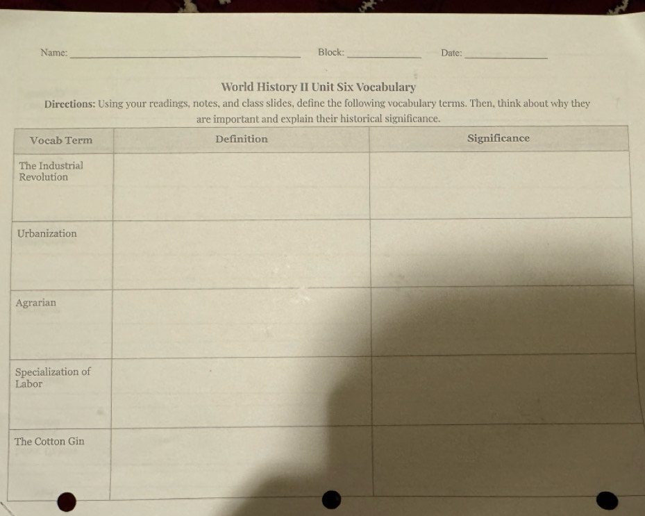 Name:_ Block: _Date:_ 
World History II Unit Six Vocabulary 
Directions: Using your readings, notes, and class slides, define the following vocabulary terms. Then, think about why they 
T 
R 
U 
A 
S 
L 
T