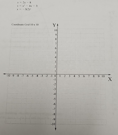 y=2x-8
y=x^2-4x-3
y=-3(2)^x