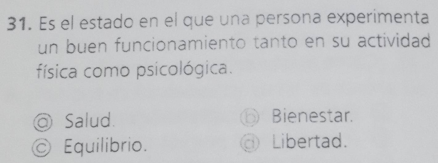 Es el estado en el que una persona experimenta
un buen funcionamiento tanto en su actividad
física como psicológica.
Salud.
hì Bienestar.
© Equilibrio.
Libertad.