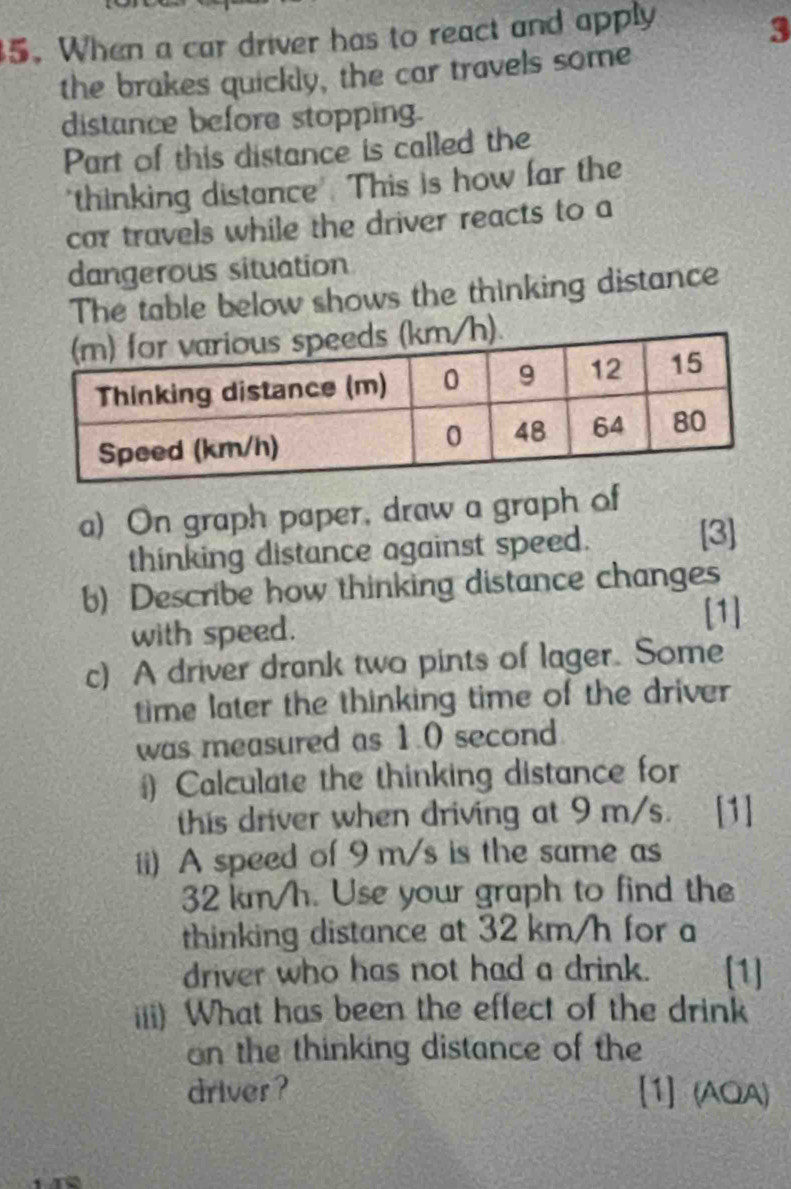 When a car driver has to react and apply 3
the brakes quickly, the car travels some 
distance before stopping. 
Part of this distance is called the 
"thinking distance". This is how far the 
car travels while the driver reacts to a 
dangerous situation 
The table below shows the thinking distance 
a) On graph paper, draw a graph of 
thinking distance against speed. 
[3] 
b) Describe how thinking distance changes 
with speed. 
[1] 
c) A driver drank two pints of lager. Some 
time later the thinking time of the driver 
was measured as 1.0 second
) Calculate the thinking distance for 
this driver when driving at 9 m/s. ₹[1] 
ii) A speed of 9 m/s is the same as
32 km/h. Use your graph to find the 
thinking distance at 32 km/h for a 
driver who has not had a drink. [1] 
iii) What has been the effect of the drink 
on the thinking distance of the 
driver ? [1] (AQA)