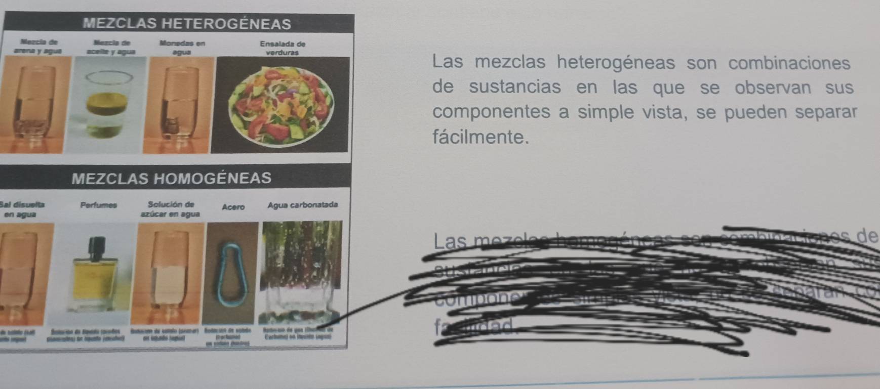 MEZCLAS HETEROGÉNEAS 
Mezcía de Mezcio de Monedas en Ensalada de 
arena y agua aceite y agua agua 
Las mezclas heterogéneas son combinaciones 
de sustancias en las que se observan sus 
componentes a simple vista, se pueden separar 
fácilmente. 
MEZCLAS HOMOGÉNEAS 
Sal disuelta Perfumes Salución de Acero Agua carbonatada 
en agua azúcar en agua 
Bmtuión de Rpeña (auños Boduconn de cotolo (sémar) ' Bodnesón de voddo 
cos isundó (agus)