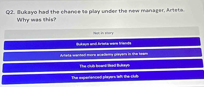 Bukayo had the chance to play under the new manager, Arteta.
Why was this?
Not in story
Bukayo and Arteta were friends
Arteta wanted more academy players in the team
The club board liked Bukayo
The experienced players left the club