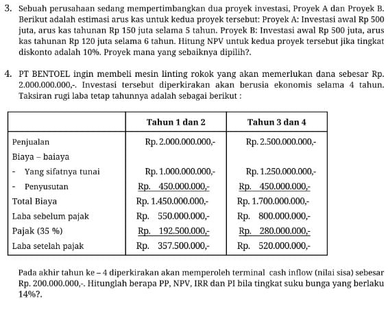 Sebuah perusahaan sedang mempertimbangkan dua proyek investasi, Proyek A dan Proyek B. 
Berikut adalah estimasi arus kas untuk kedua proyek tersebut: Proyek A: Investasi awal Rp 500
juta, arus kas tahunan Rp 150 juta selama 5 tahun. Proyek B: Investasi awal Rp 500 juta, arus 
kas tahunan Rp 120 juta selama 6 tahun. Hitung NPV untuk kedua proyek tersebut jika tingkat 
diskonto adalah 10%. Proyek mana yang sebaiknya dipilih?. 
4. PT BENTOEL ingin membeli mesin linting rokok yang akan memerlukan dana sebesar Rp.
2.000.000.000,-. Investasi tersebut diperkirakan akan berusia ekonomis selama 4 tahun. 
Taksiran rugi laba tetap tahunnya adalah sebagai berikut : 
Pada akhir tahun ke - 4 diperkirakan akan memperoleh terminal cash inflow (nilai sisa) sebesar
Rp. 200.000.000,-. Hitunglah berapa PP, NPV, IRR dan PI bila tingkat suku bunga yang berlaku
14%?.