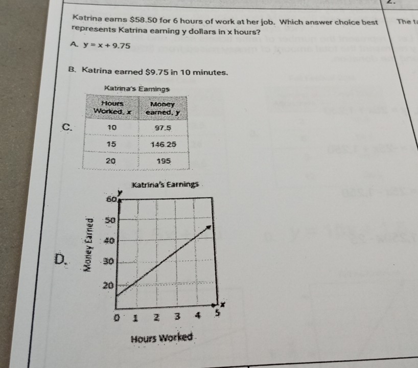 Katrina earns $58.50 for 6 hours of work at her job. Which answer choice best The t
represents Katrina earning y dollars in x hours?
A. y=x+9.75
B. Katrina earned $9.75 in 10 minutes.
C.
D. :
Hours Worked