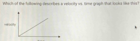 Which of the following describes a velocity vs. time graph that looks like this? 
veloci