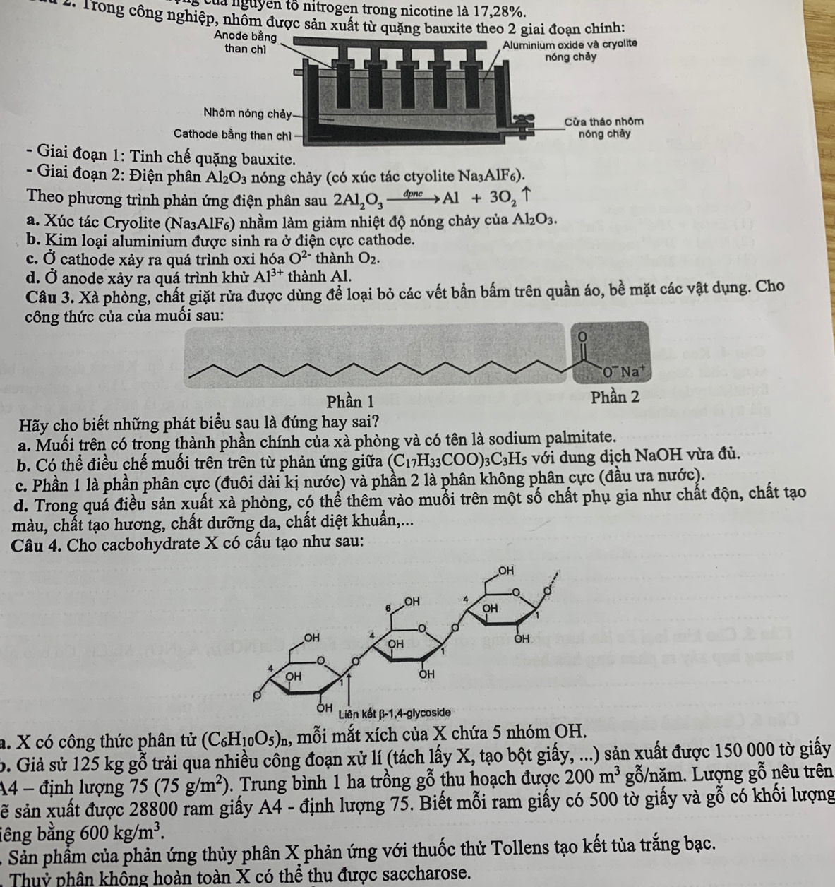 nguy en to nitrogen trong nicotine là 17,28%.
* . Trong công nghiệp, nhôm được sản xuất từ quặng bauxite theo 2 gi chính:
- Giai đoạn 1: Tinh chế quặng bauxite.
- Giai đoạn 2: Điện phân Al_2O_3 nóng chảy (có xúc tác ctyolite Na_3AlF_6).
Theo phương trình phản ứng điện phân sau 2Al_2O_3xrightarrow dpncAl+3O_2
a. Xúc tác Cryolite (Na₃AlF₆) nhằm làm giảm nhiệt độ nóng chảy của Al_2O_3.
b. Kim loại aluminium được sinh ra ở điện cực cathode.
c. Ở cathode xảy ra quá trình oxi hóa O^(2-) thành O_2.
d. Ở anode xảy ra quá trình khử Al^(3+) thành Al.
Câu 3. Xà phỏng, chất giặt rửa được dùng để loại bỏ các vết bần bấm trên quần áo, bề mặt các vật dụng. Cho
công thức của củmuối sau:
Hãy cho biết những phát biểu sau là đúng hay sai?
a. Muối trên có trong thành phần chính của xà phòng và có tên là sodium palmitate.
b. Có thể điều chế muối trên trên từ phản ứng giữa (C_17H_33COO)_3C_3H_5 với dung dịch NaOH vừa đủ.
c. Phần 1 là phần phân cực (đuôi dài kị nước) và phần 2 là phân không phân cực (đầu ưa nước).
d. Trong quá điều sản xuất xà phòng, có thể thêm vào muổi trên một số chất phụ gia như chất độn, chất tạo
màu, chất tạo hương, chất dưỡng da, chất diệt khuẩn,...
Câu 4. Cho cacbohydrate X có cấu tạo như sau:
a. X có công thức phân tử (C_6H_10O_5) n, mỗi mắt xích của X chứa 5 nhóm OH.
b. Giả sử 125 kg gỗ trải qua nhiều công đoạn xử lí (tách lấy X, tạo bột giấy, ...) sản xuất được 150 000 tờ giấy
A4 - định lượng 75 (75g/m^2). Trung bình 1 ha trồng gỗ thu hoạch được 200m^3 gỗ/năm. Lượng gỗ nêu trên
sẽ sản xuất được 28800 ram giấy A4 - định lượng 75. Biết mỗi ram giấy có 500 tờ giấy và gỗ có khối lượng
lêng bằng 600kg/m^3.
Sản phẩm của phản ứng thủy phân X phản ứng với thuốc thử Tollens tạo kết tủa trắng bạc.
Thuỷ phân khồng hoàn toàn X có thể thu được saccharose.
