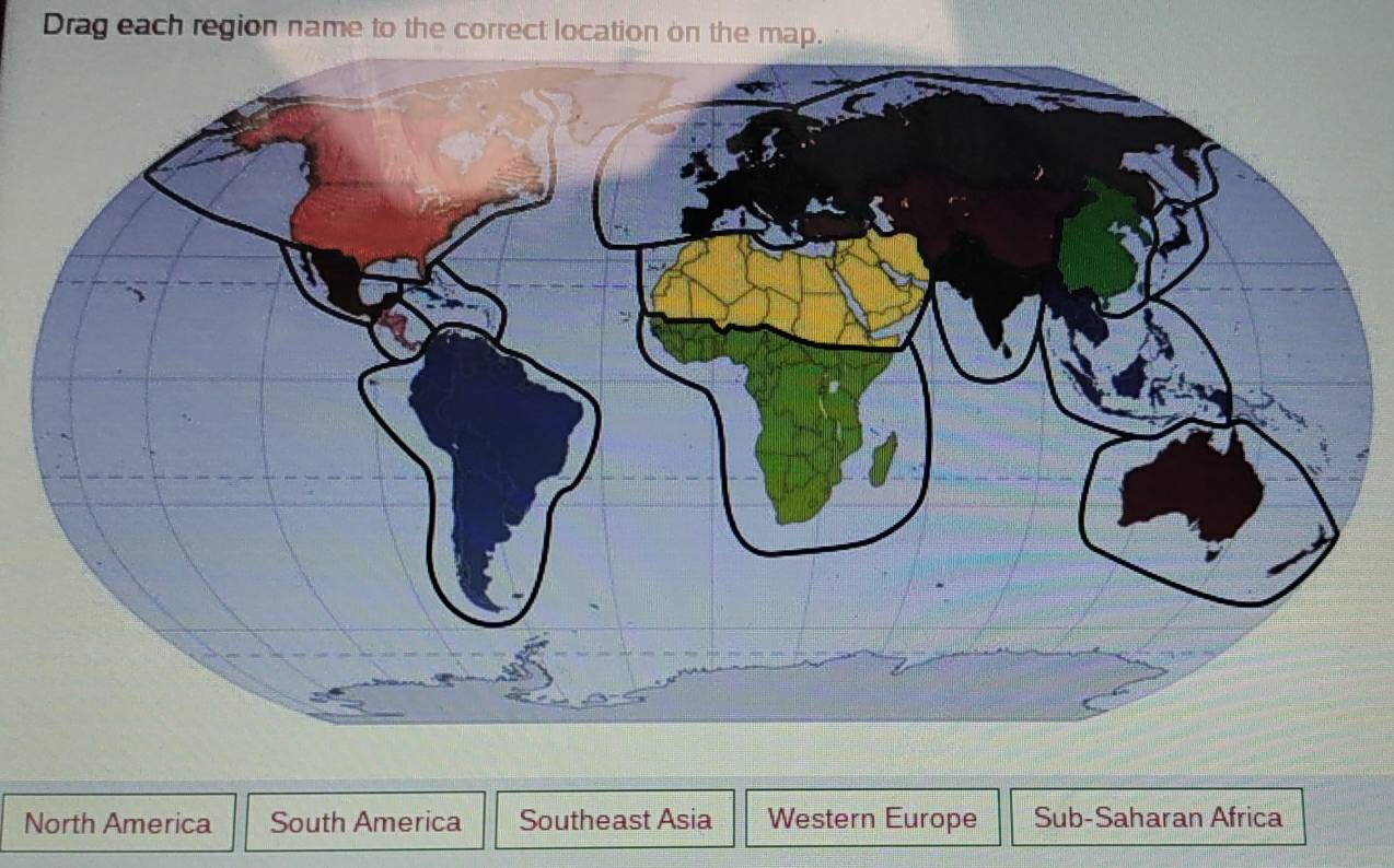 Drag each region name to the correct location on the map.
North America South America Southeast Asia Western Europe Sub-Saharan Africa