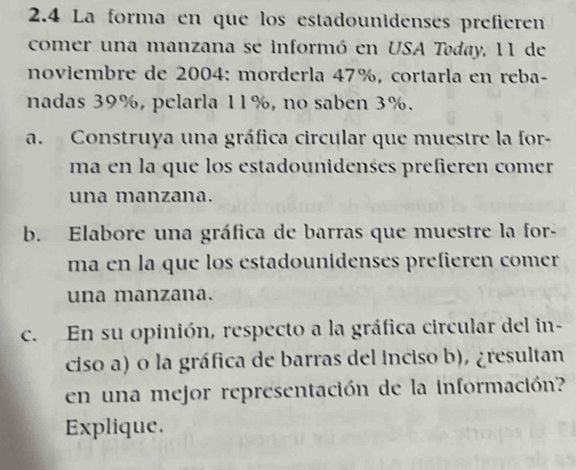 2.4 La forma en que los estadounidenses prefieren 
comer una manzana se informó en USA Tøday, 11 de 
noviembre de 2004 : morderla 47%, cortarla en reba- 
nadas 39%, pelarla 11%, no saben 3%. 
a. Construya una gráfica circular que muestre la for- 
ma en la que los estadounidenśes prefieren comer 
una manzana. 
b. Elabore una gráfica de barras que muestre la for- 
ma en la que los estadounidenses prefieren comer 
una manzana. 
c. En su opinión, respecto a la gráfica circular del in- 
ciso a) o la gráfica de barras del inciso b), ¿resultan 
en una mejor representación de la información? 
Explique.