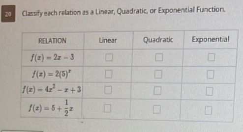 Classify each relation as a Linear, Quadratic, or Exponential Function.