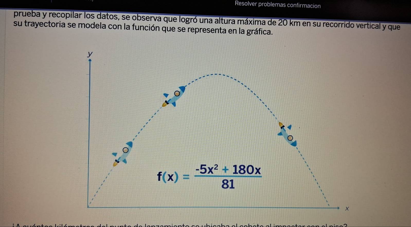 Resolver problemas confirmacion
prueba y recopilar los datos, se observa que logró una altura máxima de 20 km en su recorrido vertical y que
su trayectoria se modela con la función que se representa en la gráfica.