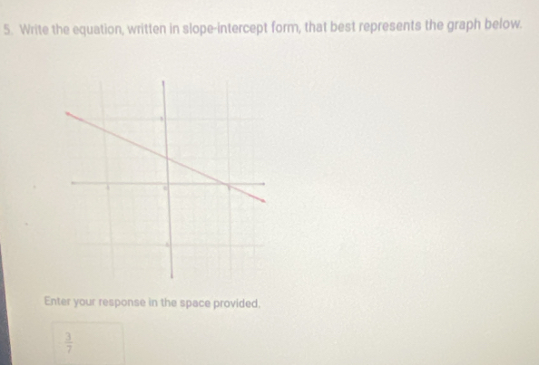 Write the equation, written in slope-intercept form, that best represents the graph below. 
Enter your response in the space provided.
 3/7 