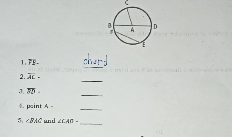 C
_ 
1. overline FE-
_ 
2. overline AC=
_ 
3. overline BD-
4. point A - 
_ 
5. ∠ BAC and ∠ CAD-
_