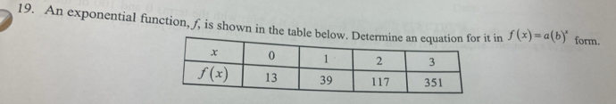 Solved: An exponential function, f, is shown in the tablit in f(x)=a(b ...