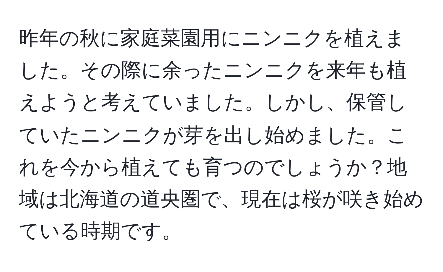 昨年の秋に家庭菜園用にニンニクを植えました。その際に余ったニンニクを来年も植えようと考えていました。しかし、保管していたニンニクが芽を出し始めました。これを今から植えても育つのでしょうか？地域は北海道の道央圏で、現在は桜が咲き始めている時期です。