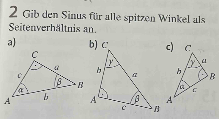 Gib den Sinus für alle spitzen Winkel als 
Seitenverhältnis an. 
a)