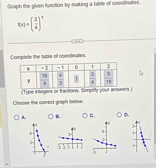 Graph the given function by making a table of coordinates.
f(x)=( 3/4 )^x
Complete the table of coordinates.
(Type integers or fractions. Simplirs.)
Choose the correct graph below.
A. B. C. D.