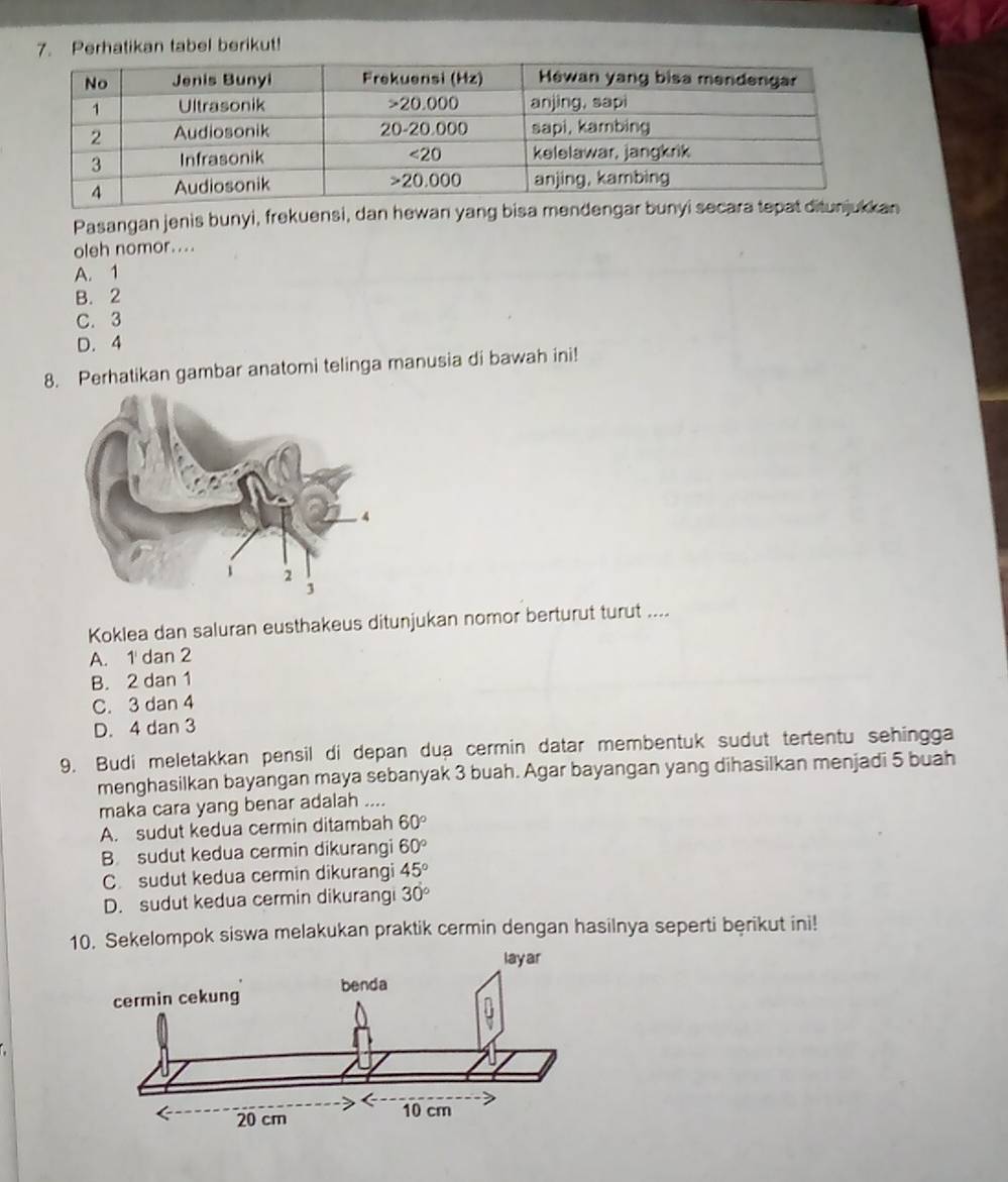 Perhatikan tabel berikut!
Pasangan jenis bunyi, frekuensi, dan hewan yang bisa n
oleh nomor....
A. 1
B. 2
C. 3
D. 4
8. Perhatikan gambar anatomi telinga manusia di bawah ini!
Koklea dan saluran eusthakeus ditunjukan nomor berturut turut ....
A. 1 dan 2
B. 2 dan 1
C. 3 dan 4
D. 4 dan 3
9. Budi meletakkan pensil di depan dua cermin datar membentuk sudut tertentu sehingga
menghasilkan bayangan maya sebanyak 3 buah. Agar bayangan yang dihasilkan menjadi 5 buah
maka cara yang benar adalah ....
A. sudut kedua cermin ditambah 60°
B sudut kedua cermin dikurangi 60°
C. sudut kedua cermin dikurangi 45°
D. sudut kedua cermin dikurangi 30°
10. Sekelompok siswa melakukan praktik cermin dengan hasilnya seperti berikut ini!