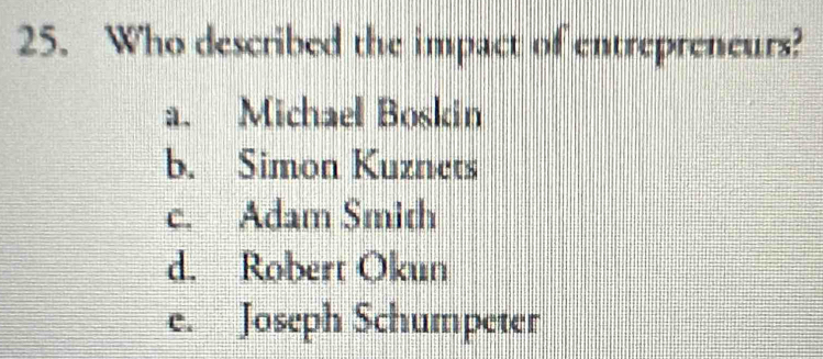 Who described the impact of entrepreneurs?
a. Michael Boskin
b. Simon Kuznets
c. Adam Smith
d. Robert Okun
e. Joseph Schumpeter