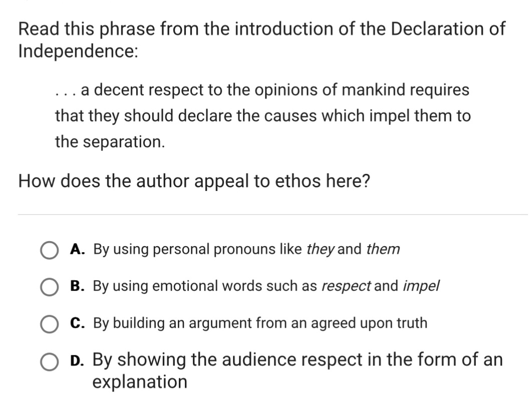Solved: Read this phrase from the introduction of the Declaration of ...