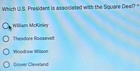 Which U.S. President is associated with the Square Deal? *
William McKinley
Theodore Roosevelt
Woodrow Wilson
Grover Cleveland