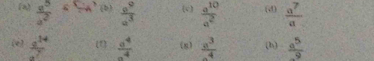 5a^3
(2)  a^5/a^2 ^6 (b)  e^9/a^3  (v)  a^(10)/a^2  (d)  a^7/a 
(é) frac 47^((14) (g) frac a^3)4 (h)  a^5/9 
 a^4/a^4 