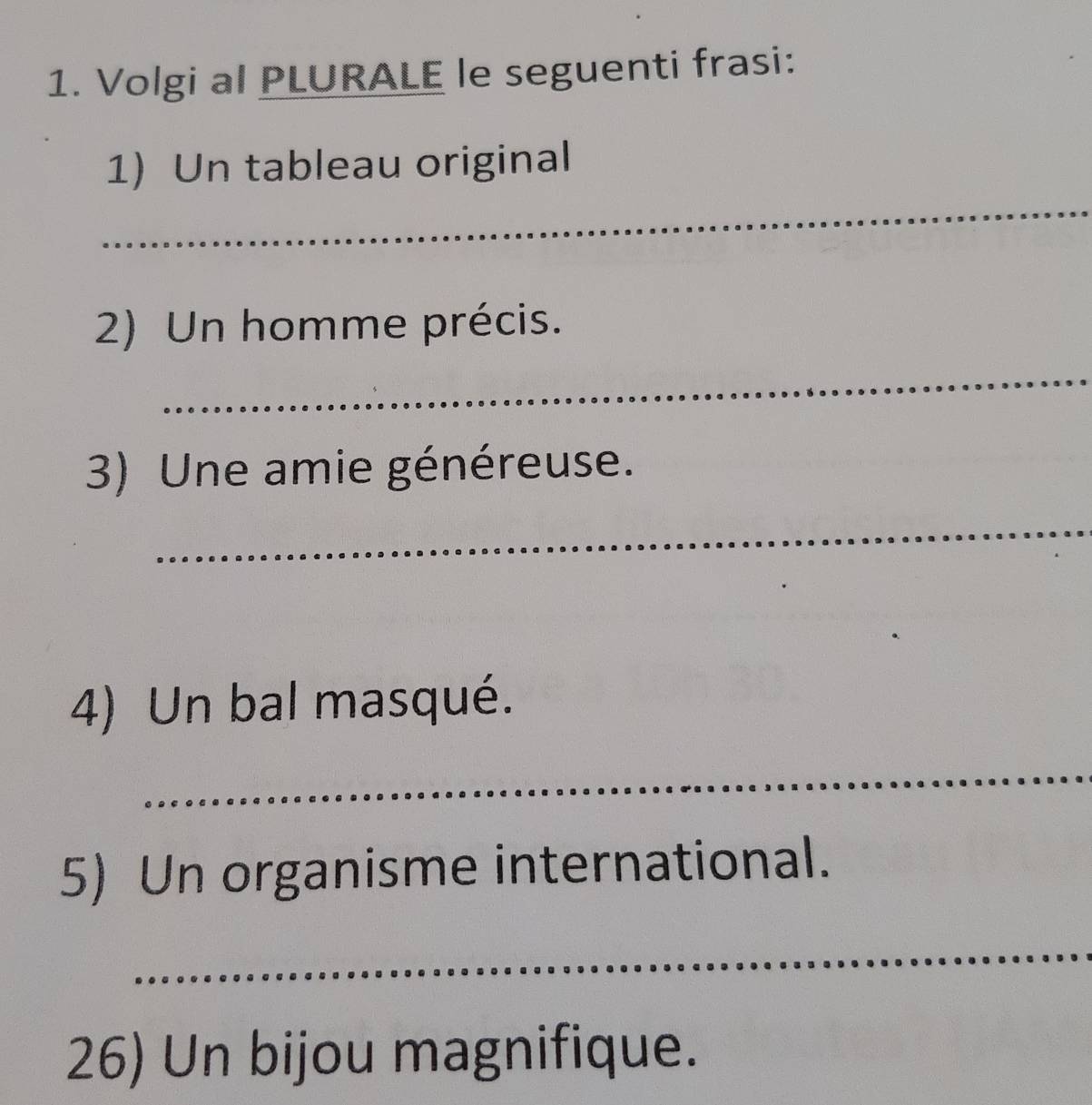 Volgi al PLURALE le seguenti frasi: 
_ 
1) Un tableau original 
2) Un homme précis. 
_ 
3) Une amie généreuse. 
_ 
4) Un bal masqué. 
_ 
5) Un organisme international. 
_ 
26) Un bijou magnifique.