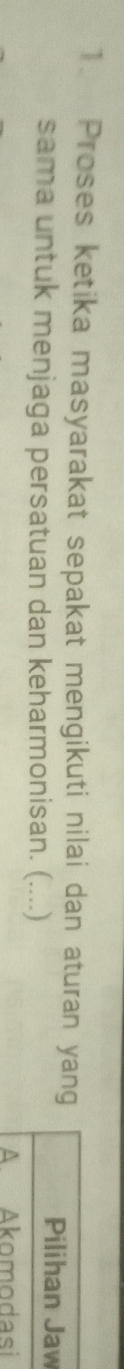 Proses ketika masyarakat sepakat mengikuti nilai dan aturan yang 
sama untuk menjaga persatuan dan keharmonisan. (....) 
Pilihan Jaw 
A Akomodasi