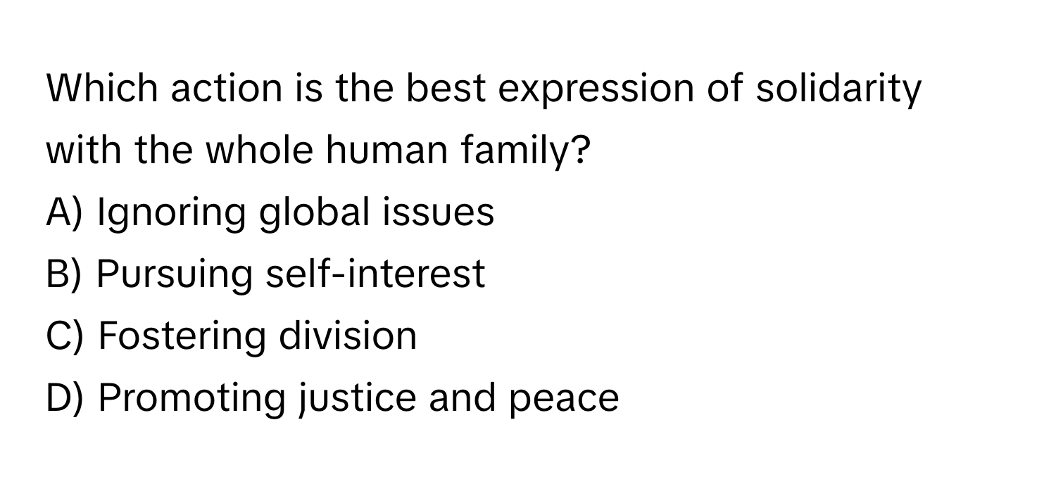 Which action is the best expression of solidarity with the whole human family?
A) Ignoring global issues 
B) Pursuing self-interest 
C) Fostering division 
D) Promoting justice and peace