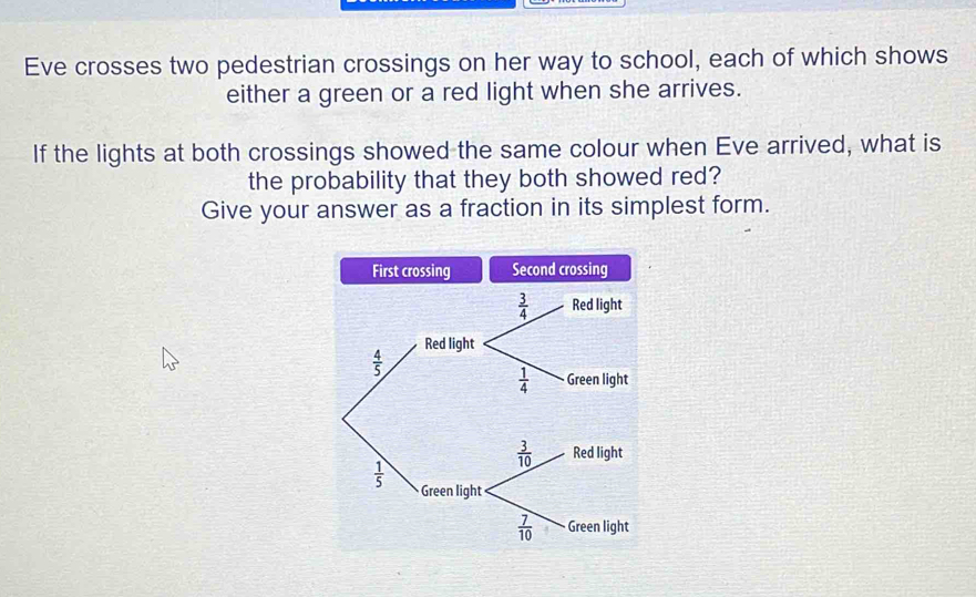 Eve crosses two pedestrian crossings on her way to school, each of which shows
either a green or a red light when she arrives.
If the lights at both crossings showed the same colour when Eve arrived, what is
the probability that they both showed red?
Give your answer as a fraction in its simplest form.
First crossing Second crossing
Red ligh
 4/5 