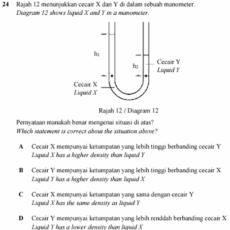 Rajah 12 menunjukkan cecair X dan Y di dalam sebuah manometer.
Diagram 12 shows liquid X and Y in a manometer.
Pernyataan manakah benar mengenai situasi di atas?
Which statement is correct about the situation above?
A Cecair X mempunyai ketumpatan yang lebih tinggi berbanding cecair Y
Liquid X has a higher density than liquid Y
B Cecair Y mempunyai ketumpatan yang lebih tinggi berbanding cecair X
Liquid Y has a higher density than liquid X
C Cecair X mempunyai ketumpatan yang sama dengan cecair Y
Liquid X has the same density as liquid Y
D Cecair Y mempunyai ketumpatan yang lebih renddah berbanding cecair X
Liquid Y has a lower density than liquid X