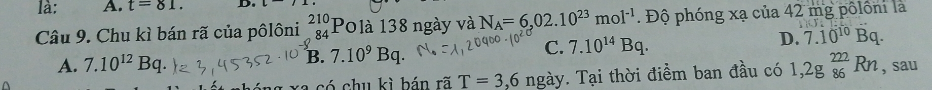 là: A. t=81. D.
Câu 9. Chu kì bán rã của pôlôni beginarrayr 210 84endarray Polà 138 ngày và N_A=6,02.10^(23)mol^(-1). Độ phóng xạ của 42 mg pôlôni là
A. 7.10^(12)Bq B. 7.10^9Bq. C. 7.10^(14)Bq. D. 7.10^(10)Bq. 
a só chu kì bán rã T=3,6 ngày. Tại thời điểm ban đầu có 1,2g 222/86 Rn , sau