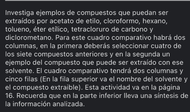 Investiga ejemplos de compuestos que puedan ser 
extraídos por acetato de etilo, cloroformo, hexano, 
tolueno, éter etílico, tetracloruro de carbono y 
diclorometano. Para este cuadro comparativo habrá dos 
columnas, en la primera deberás seleccionar cuatro de 
los siete compuestos anteriores y en la segunda un 
ejemplo del compuesto que puede ser extraído con ese 
solvente. El cuadro comparativo tendrá dos columnas y 
cinco filas (En la fila superior va el nombre del solvente y 
el compuesto extraible). Esta actividad va en la página 
16. Recuerda que en la parte inferior Ileva una síntesis de 
la información analizada.