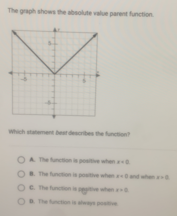 The graph shows the absolute value parent function.
Which statement best describes the function?
A. The function is positive when x<0</tex>.
B. The function is positive when x<0</tex> and when x>0.
C. The function is positive when x>0.
D. The function is always positive.