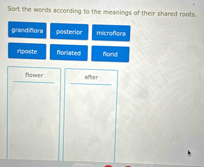 Sort the words according to the meanings of their shared roots.
grandiflora posterior microflora
riposte floriated florid
flower after