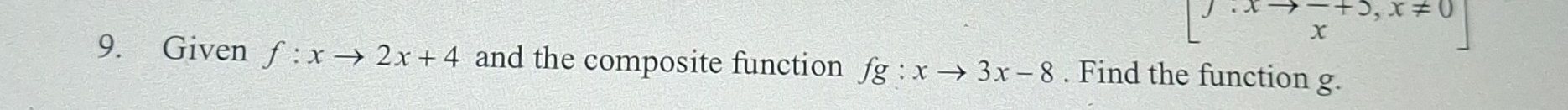 [beginarrayr endarray .xto frac x+5,x!= 0 xendarray ]
9. Given f:xto 2x+4 and the composite function fg:xto 3x-8. Find the function g.