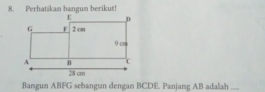 Perhatikan bangun berikut! 
Bangun ABFG sebangun dengan BCDE. Panjang AB adalah ....